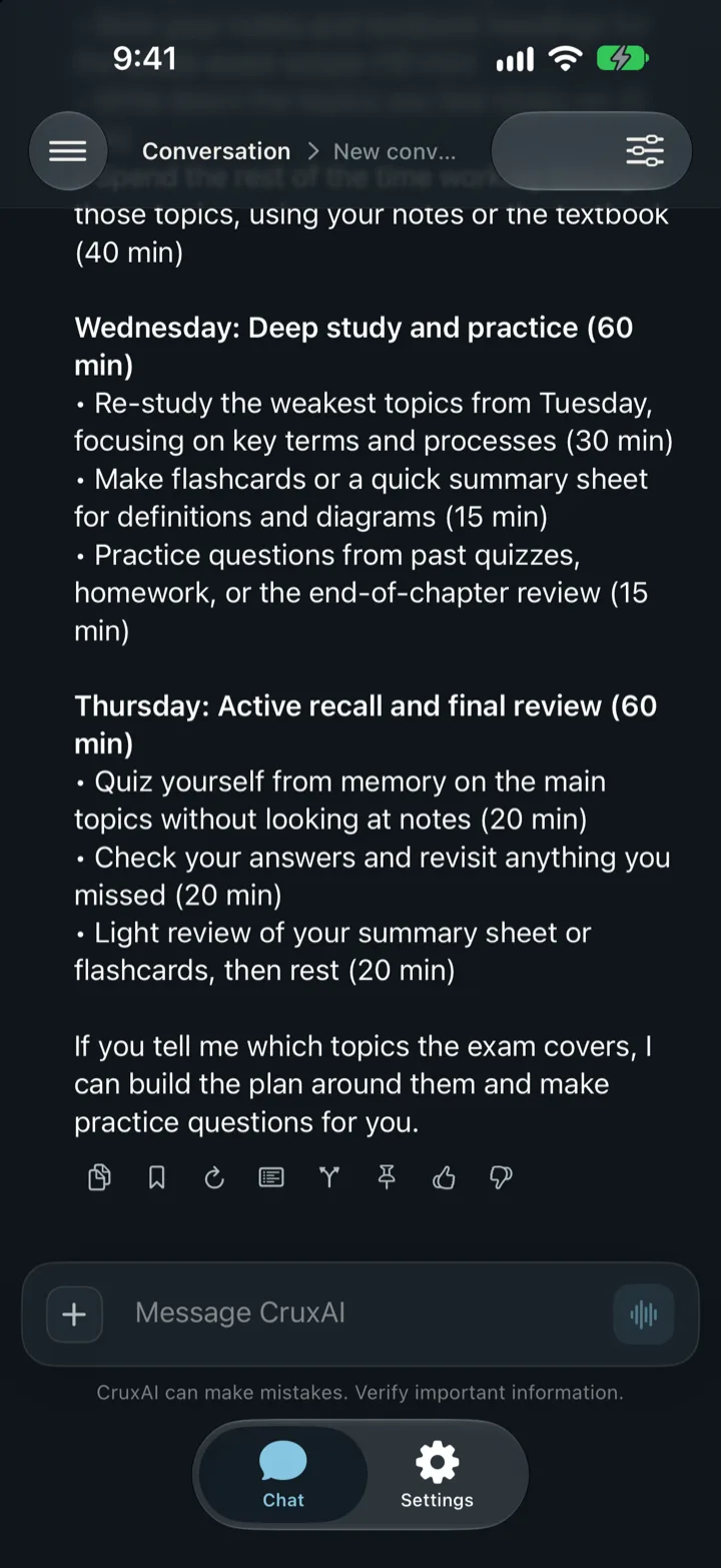 The rest of the plan: Wednesday, deep study and practice; Thursday, active recall and final review; and an offer to build practice questions once the exam topics are known.