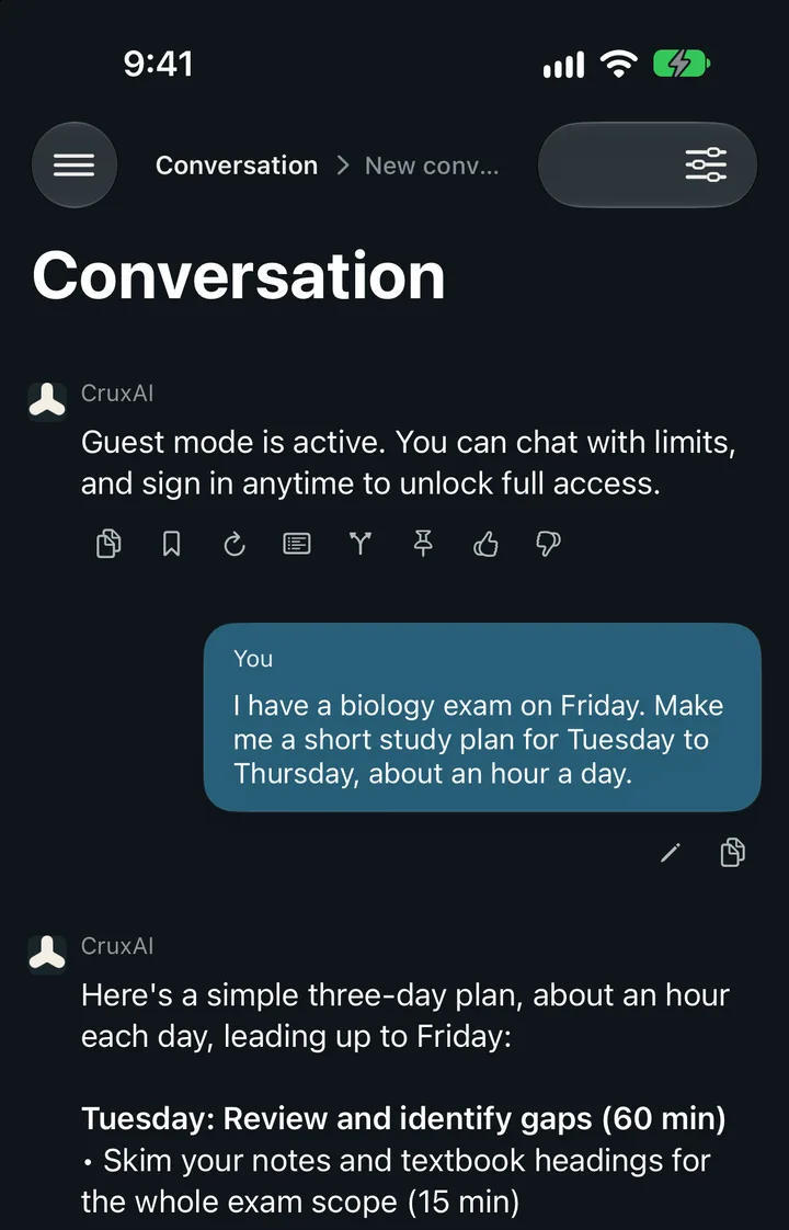 CruxAI on iPhone: the question “I have a biology exam on Friday. Make me a short study plan for Tuesday to Thursday, about an hour a day,” and the start of CruxAI’s answer: a three-day plan beginning with Tuesday, Review and identify gaps.